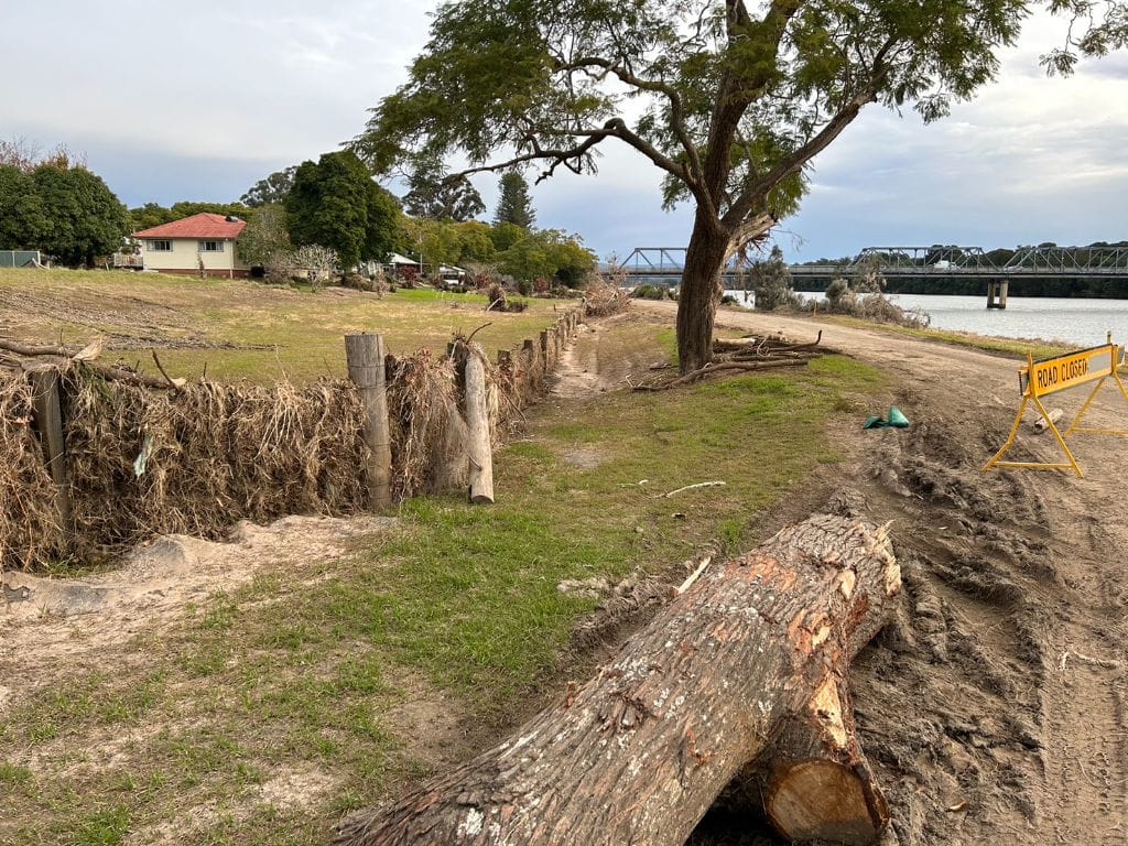 The aftermath of the flood is still visible along the Manning River.